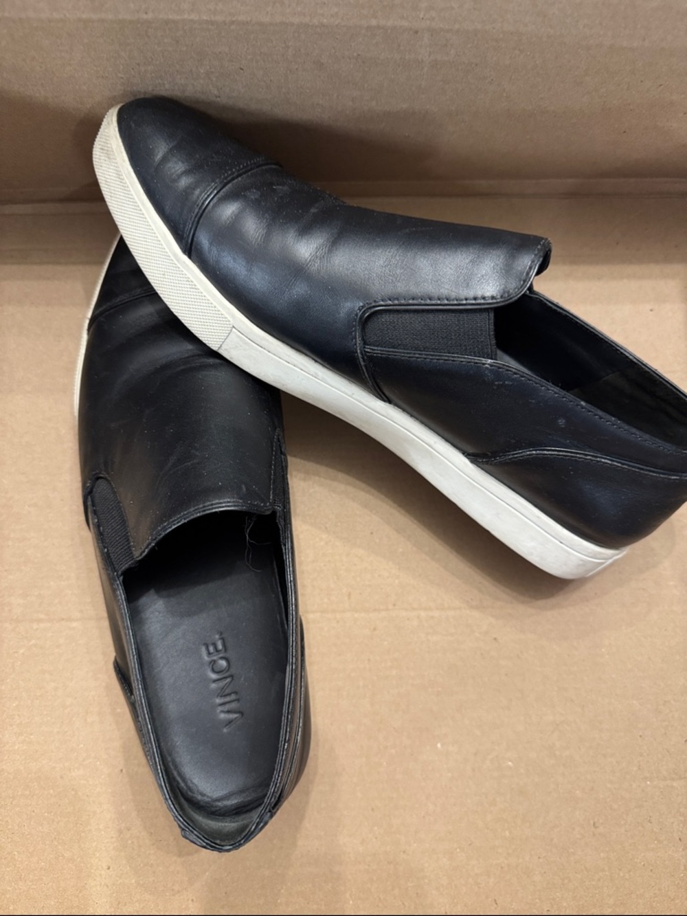 Vince Black Leather Slip-On Loafers with Cream Sole